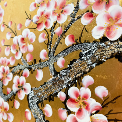 Tranh sơn mài - UYÊN ƯƠNG TRÊN CÀNH ĐÀO - Nền dát vàng/bạc cao cấp