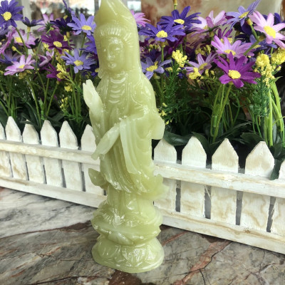 Tượng Phật Bà Quan Thế Âm Bồ Tát đứng đài sen cầu bình an đá ngọc Onyx - Cao 20 cm