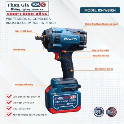[LOẠI 1] Máy siết bulong pin Boshun Lực siết 850Nm, Động cơ Không chổi than, Ruột Đồng 100%, Pin 15Cell