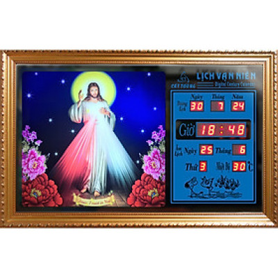 Đồng hồ Lịch Vạn Niên tranh đèn treo tường hiệu Cát Tường_tranh Chúa Cứu Thế 55646_KT 55x35x7cm_Có 2 loại (Không remote đèn và Có remote đèn)