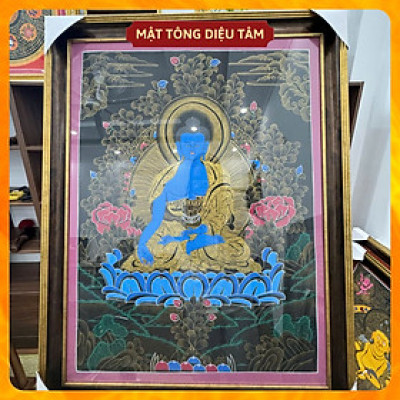 Tranh Thangka Dược sư Thủ Công Nepal Tranh Phật Dược Sư Xanh Dương handmade 92cm Biểu Tượng Chữa Lành Mật tông Diệu Tâm