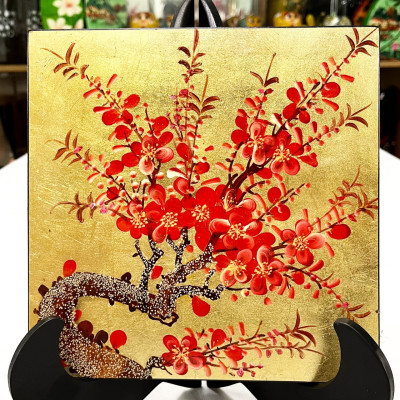 Tranh Sơn Mài - HỌA TIẾT HOA ĐÀO | Nền Dát Vàng Sang Trọng | ( không kèm khung)