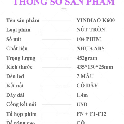 Bàn phím YINDIAO K600 giả cơ nút tròn nhiều màu sắc và có đèn led xuyên phím chuyên game - HÀNG CHÍNH HÃNG