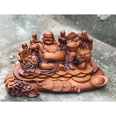 Tượng phật di lặc ngũ phúc bằng gỗ hương đá tô làm mầu giả cổ kt 40×20×20cm