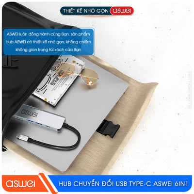 Hub Chuyển Đổi USB Type C ASWEI 6 in 1 - HDMI, USB 3.0, SD, TF, PD 100W Tốc Độ Cao - Hàng Chính Hãng