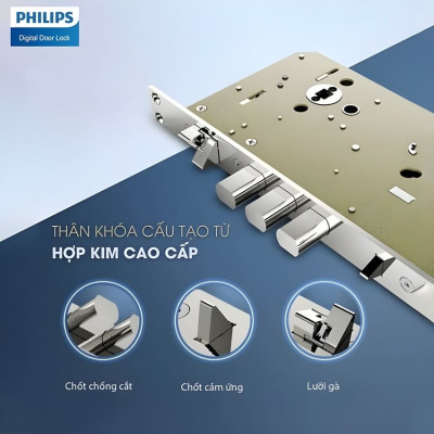 Bộ khóa cửa thông minh Bluetooth, vân tay, thẻ từ, mật khẩu và chìa cơ Philips DDL7300 - Hàng nhập khẩu