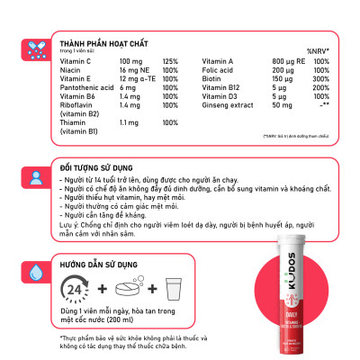 Combo Thực phẩm bảo vệ sức khỏe KUDOS IMMUNITY BOOST EXTRA  STRENGTH + KUDOS DAILY VITAMINS PLUS BIOTIN  & GINSENG (20 viên/ Tuýp)
