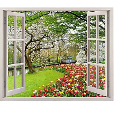 Tranh dán tường 3d cửa sổ hoa tulip 2 CS91 - 80x125 cm