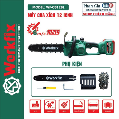 Máy cưa xích pin WORKFIX 21V (WF-CS12BL) 2 Pin 15cell, Động cơ Không chổi than,Cưa Cây, Cắt Cành, Tra Dầu Tự Động