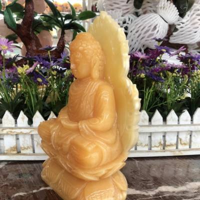 Tượng Phật Thích Ca Mâu Ni ngồi đài sen có hào quang đá ngọc hoàng long - Cao 25 cm