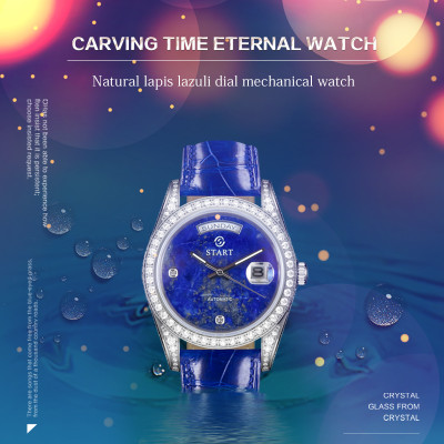 【START】Đồng hồ nam đá Lapis Lazuli tự nhiên đồng hồ kim cương chức năng hiển thị thứ ngày  đồng hồ cơ tự động dây da cá sấu Khóa bướm