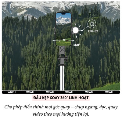 Gậy chụp ảnh selfie tự sướng kiêm tripod 3 chân, đèn Flash trợ sáng hiệu WlWU Wi-SEO15 - Tích hợp remote control bluetooth, Xoay 360 độ, thân nhôm, kéo dài 1,8m, chắc chắn, bền bỉ, gập gọn, pin sạc type C cho iPhone Oppo Samsung - Hàng nhập khẩu