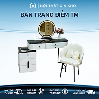 Bàn trang điểm thông minh có gương đèn led, có tủ ngăn kéo kèm sạc pin điện thoại màu trắng, màu xám