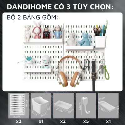 Kệ giá bảng treo tường DandiHome trang trí pegboard để đồ decor bàn học, phòng bếp, nhà tắm, đã kèm đầy đủ phụ kiện, có thể dán kính không cần khoan đục