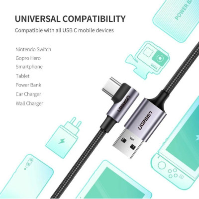 Ugreen UG70255US284TK 3M màu đen cáp USB đầu Type-C bẻ góc 90 độ 3A - HÀNG CHÍNH HÃNG