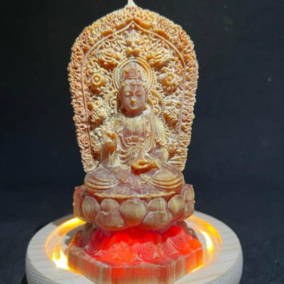 Combo tượng phật bà quan âm bồ tát khắc hai mặt bằng gỗ huyết long kt 13×7×7cm+chân đế và lồng kính