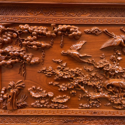 Tranh gỗ  treo tường trạm khắc tích cửu hạc du xuân bằng gỗ gõ đỏ kt 67×127×4cm