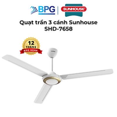 Quạt trần Sunhouse 3 cánh SHD-7658, công suất 75W, sải cánh dài 1,4 mét, 5 cấp độ gió, vận hành không tiếng ồn, Hàng chính hãng