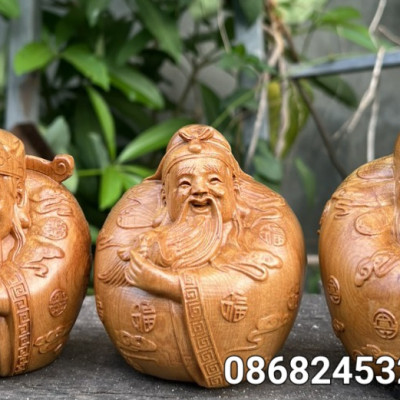 Tượng tam đa phúc lộc thọ trứng bằng gỗ bách xanh thơm nức kt cao 10×8×8cm 
