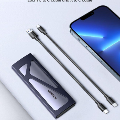 Ugreen UG15512CM578TK NVME USB type C 3.1 Gen2 tốc độ 10Gbps có kèm 2 cáp A-C + C-C dài 0.5M - hỗ trợ SSD 2Tb - Vỏ nhôm Box đọc ổ cứng SSD M.2 Màu Đe - HÀNG CHÍNH HÃNG