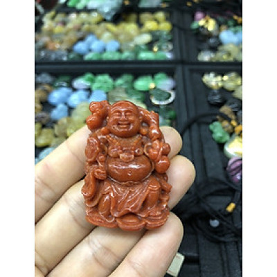 Mặt dây chuyền phật Di Lặc gánh đào phong thủy đá ngọc cẩm thạch huyết