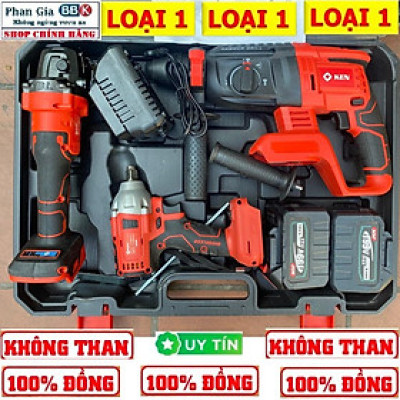 Bộ Combo Máy Khoan Đục Bê Tông, Máy Mài Và Bulong Dùng Pin KEN199V, 2 Pin 15Cell, Máy Khoan Đục Bê Tông Siêu Khỏe