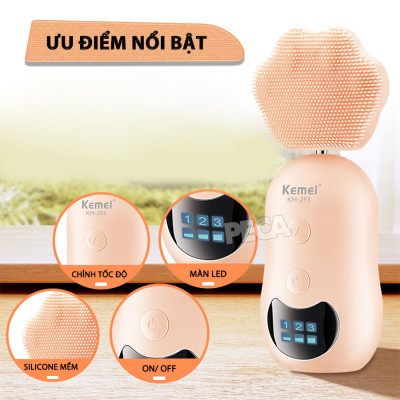 Máy rửa mặt đa năng 2in1 Kemei KM-293 điều chỉnh 3 mức tốc độ, kèm đầu lăn nâng cơ massage giảm thâm mắt - Hàng chính hãng