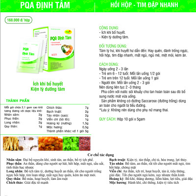 PQA Định Tâm PQA  là dược phẩm giúp bổ huyết, dưỡng tâm, an thần cho người hay hồi hộp, lo lắng, thần trí căng thẳng, mất ngủ.