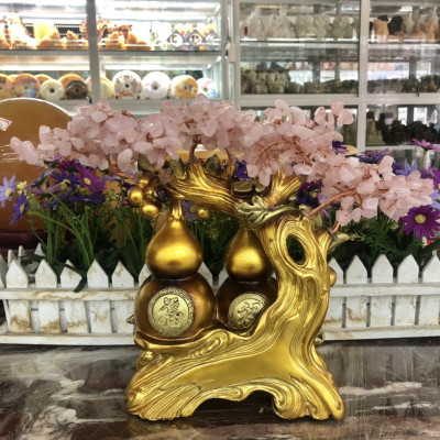 Cây tài lộc bầu hồ lô phong thủy đá thạch anh hồng trang trí bàn thờ thần tài, bàn làm việc - Cao 28 cm