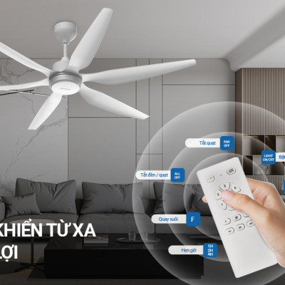 Quạt Trần Đèn Led Sunhouse Apex 6 cánh APF-7696, công suất 57W, cánh quạt sải rộng, điều khiển từ xa, Hàng chính hãng
