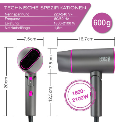 Máy sấy tóc Lebenlang LBH3088 (2100W) của Đức, kiểu gấp gọn, chống xơ rối tóc - hàng chính hãng