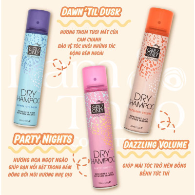  [FULL MÀU - Made in UK] Dầu Gội Khô Girlz Only 200ml giúp làm phồng, hỗ trợ cải thiện tình trạng khô bết tóc (Party Night, Dawn 