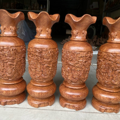 Cặp LỤC BÌNH KHẮC TỨ LINH HÚT TÀI LỘC BẰNG GỖ HƯƠNG ĐÁ KT CAO 30×10×10CM