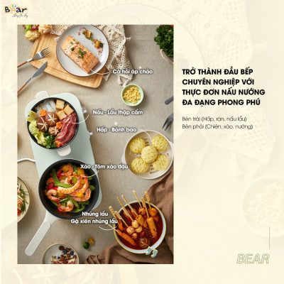 Bộ Bếp Điện Đôi Bear Kèm Nồi Chảo Đa Năng Hấp Luộc Chiên Tiện Lợi Tiết Kiệm Chi Phí Dễ Vệ Sinh SB-BD02N - HÀNG CHÍNH HÃNG
