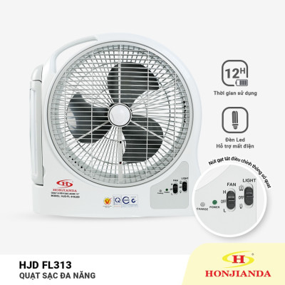 Quạt sạc tích điện dạng hộp AC&DC 12 inch Honjianda FL323/FL313 1-2 bình - có đèn LED & USB - Hàng chính hãng