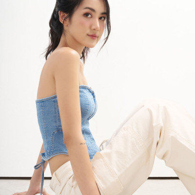 DOTTIE - Áo corset vải demin đan dây - Xanh nhạt - T0784