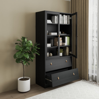 HAPPY FURNITURE , Kệ sách cửa kính 2 ngăn kéo - CALYN , KSA_107 , 90cm x 39cm x 176cm DxRxC