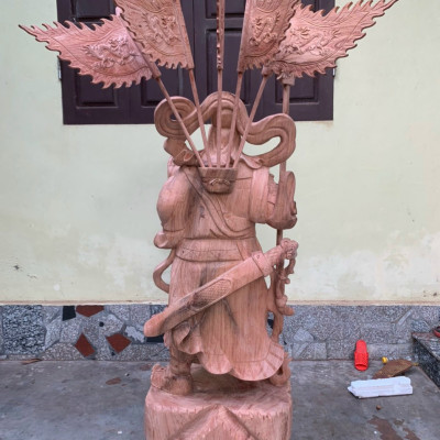 Tượng quan công cầm đao trấn ải đứng trên đầu hổ phù bằng gỗ hương đá kt cao 140×50×36cm
