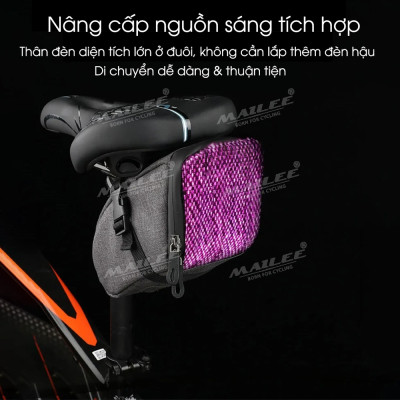 Túi Yên Xe Đạp XD-01 Gắn Yên Sau Tích Hợp Đèn Đuôi Nhấp Nháy Cảnh Báo nhiều màu, chất liệu vải 300D chống thấm nước, sạc Type C, dung tích 1.4 lít (kèm bọc chống mưa đi kèm) - Mai Lee