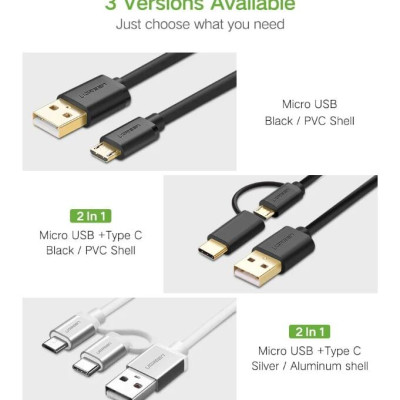 Ugreen UG30177US142TK 1.5M màu đen Cáp USB-A 2.0 sang Micro USB + USB-C - HÀNG CHÍNH HÃNG