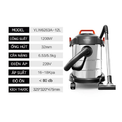 Máy hút bụi công nghiệp đa năng khô và ướt ABG Yili YLW-6263A loại 12 lít công suất 1200W - thùng inox kèm phụ kiện đầu bông lau - Hàng Chính Hãng