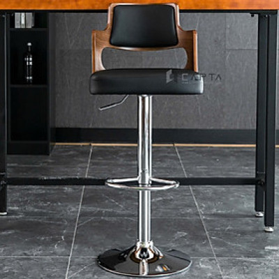 Ghế bar lưng gỗ màu nâu nệm đen CB2301-P Nội thất Capta Ghế quầy bar tăng giảm độ cao lưng tựa gỗ nệm PVC hiện đại chân thép mạ chrome bóng tại tp hcm