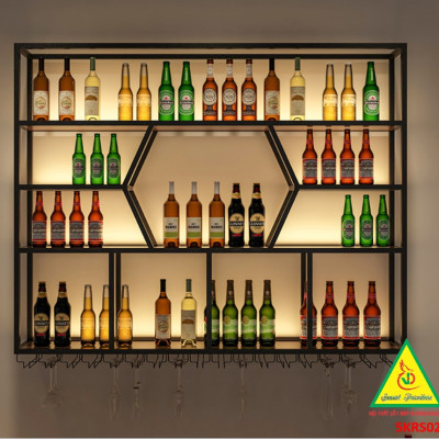 KỆ TRƯNG RƯỢU KHUNG SẮT – MẶT GỖ CÓ ĐÈN 5KRS02 - NỘI THẤT LẮP RÁP VIENDONGADV