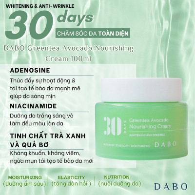 Kem dưỡng da trà xanh và bơ, dưỡng trắng da, kháng khuẩn ngăn ngừa lão hoá cho da - DABO Greentea Avocado Nourishing Cream 100ml