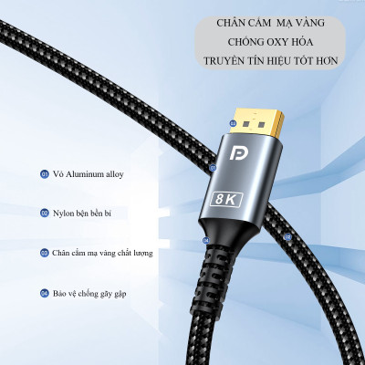 Cáp DisplayPort FIRO - Dây DisplayPort 1.4 8K/60Hz/32,4Gbps - Dây Cáp DP to DP - Dài 3M Lõi Dù Dùng Cho Tivi / Máy Tính / Playstation - Hàng Chính Hãng