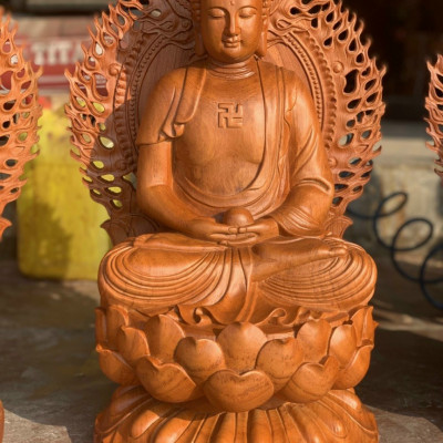 Bộ tượng phật tam thánh tây phương bằng gỗ hương đá kt cao 30×16×16cm +lá chắn hòa quang cao tổng 41×24cm