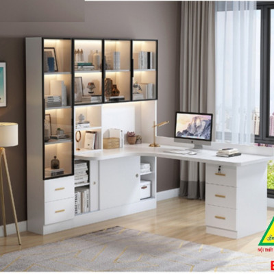 BÀN HỌC – BÀN LÀM VIỆC LIỀN KỆ GỖ MDF TỦ CÁNH KÍNH CÓ ĐÈN LED BLV401 - NỘI THẤT LẮP RÁP VIENDONGADV