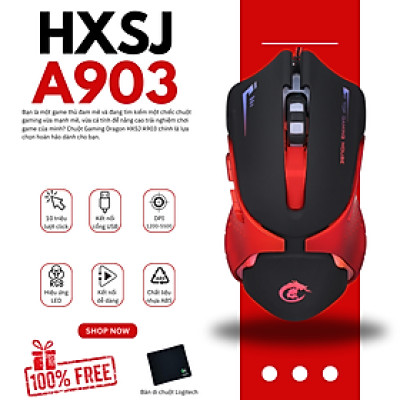 Chuột Gaming Dragon HXSJ A903 - Thiết kế hầm hố, DPI 3200, đèn LED đổi màu, cảm biến chính xác, bền bỉ, thoải mái khi sử dụng, hoàn hảo cho game thủ chuyên nghiệp. #ChuộtGaming #HXSJ #A903 #DPI3200 #ĐènLED #CảmBiếnChínhXác #BềnBỉ #ThoảiMái Hàng Nhập Khẩu