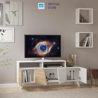 Kệ Tivi Phòng Khách Hiện Đại Màu Trắng Phối Vân Gỗ Sồi, Kèm 02 Kệ Ô Vuông Trang Trí SIB Decor TV14