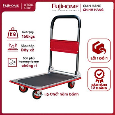 Xe đẩy hàng 4 bánh gấp gọn sàn thép FUJIHOME nhập khẩu, xe kéo hàng xếp gọn, bánh xe có chốt hãm - hàng chính hãng